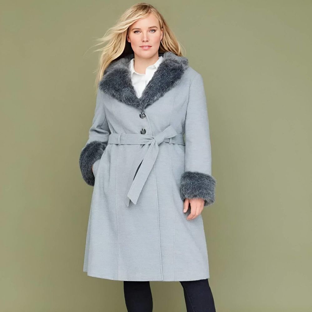 Lane Bryant Grey Full Length Trench Coat with Faux Fur Trim Size 10/12 - Picture 2 of 12